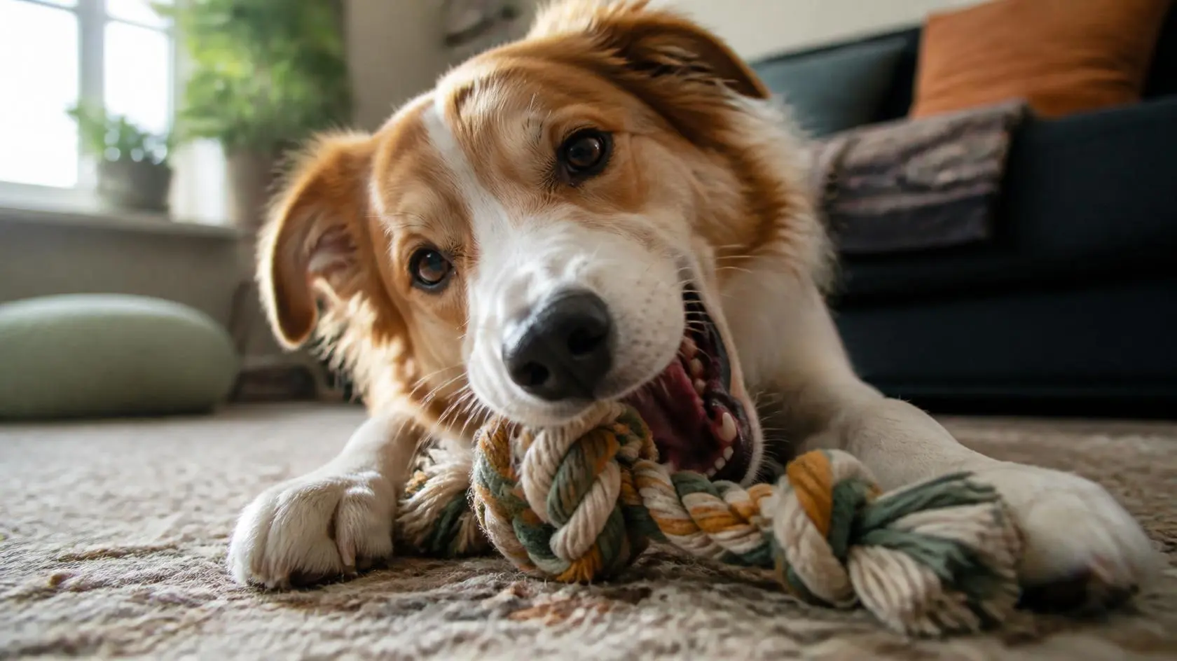 Close-up of a dog chewing a rope toy, illustrating a dog toy safety guide