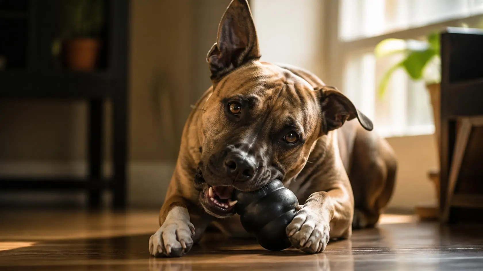 A powerful dog aggressively chewing on a heavy-duty rubber dog toy
