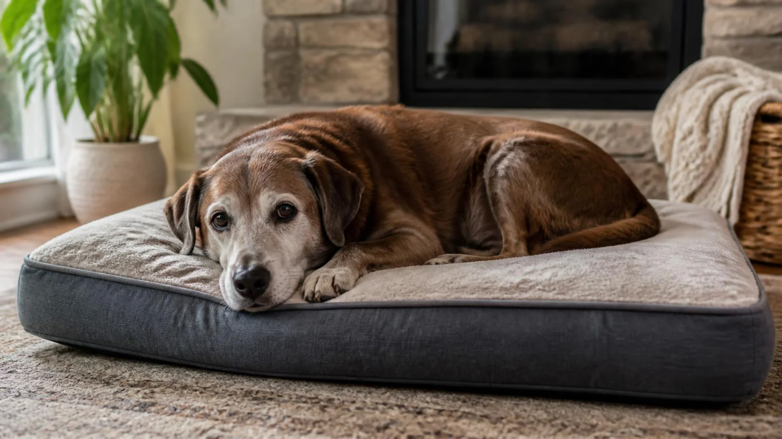 A senior dog resting comfortably on an orthopedic memory foam dog bed