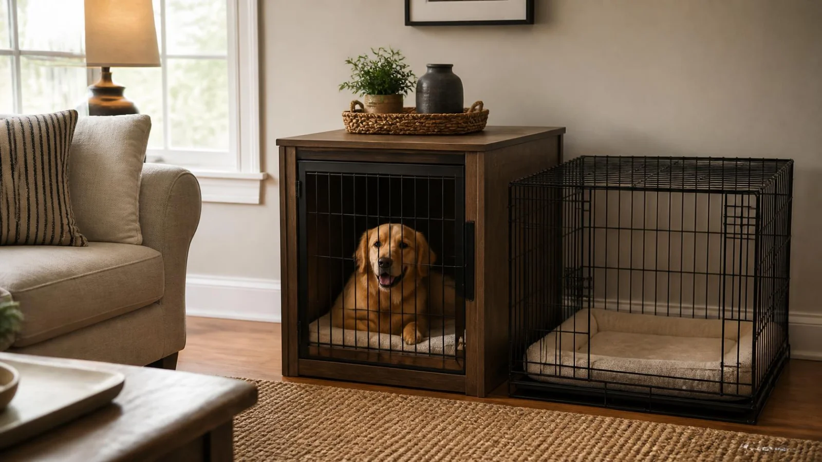 Several different styles of dog crates arranged in a living room, including wire and furniture-style options