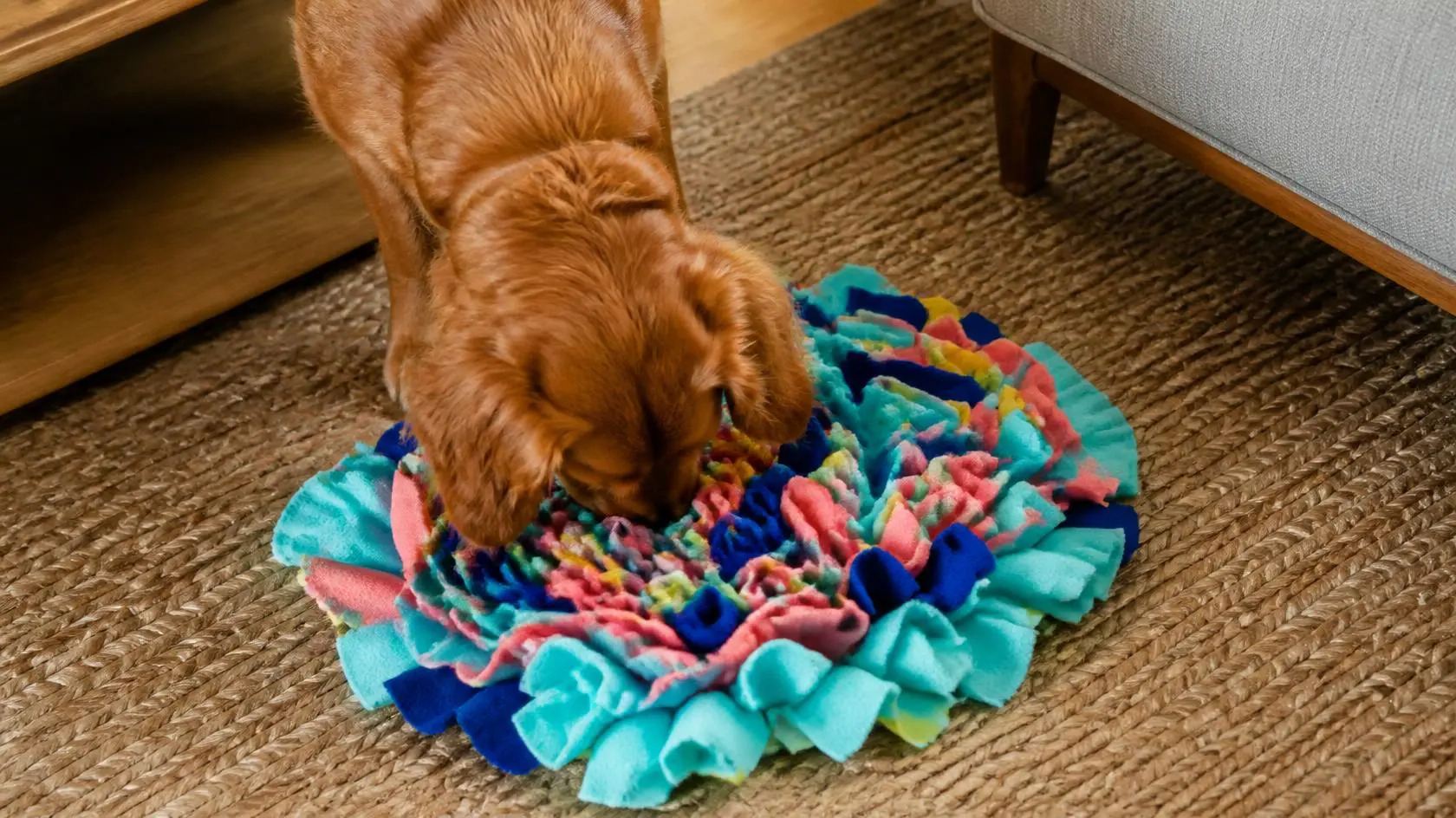 A dog using its nose to search for treats in a snuffle mat enrichment toy