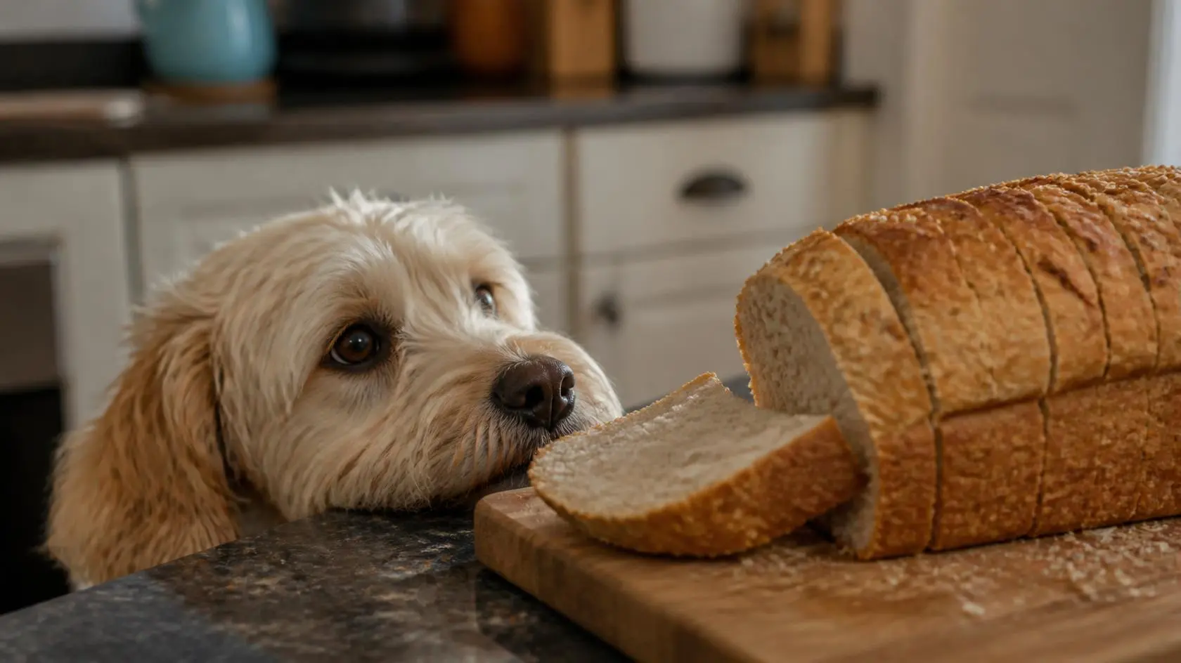 A slice of bread next to a dog looking up curiously