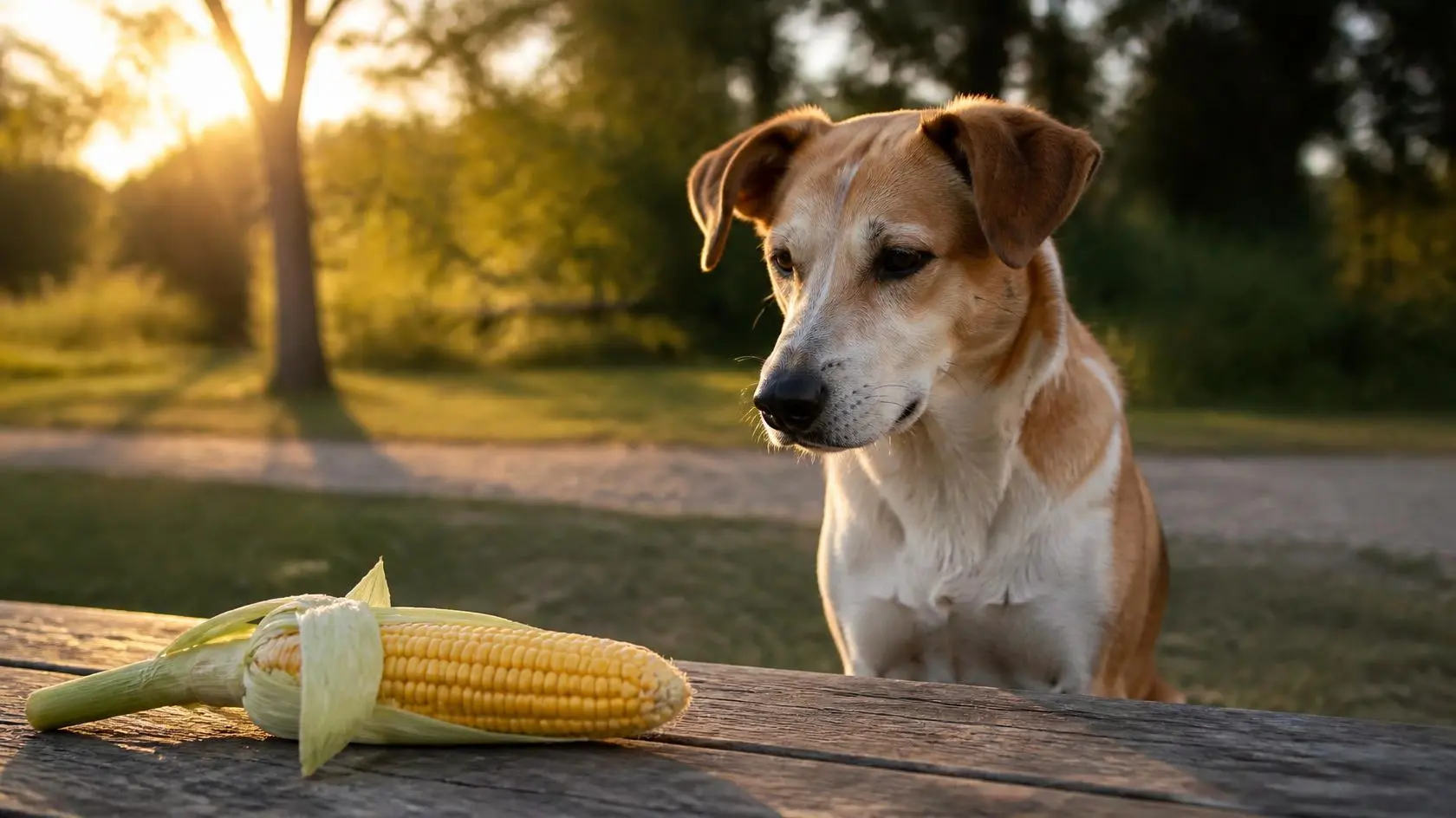 A dog sitting next to corn on the cob, illustrating a food safety guide