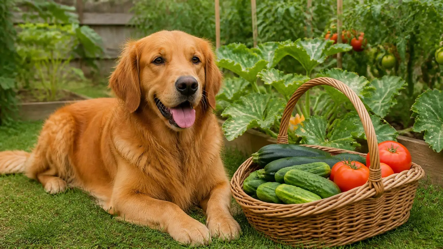 Cucumbers, zucchini, and tomatoes on a wooden table next to a dog