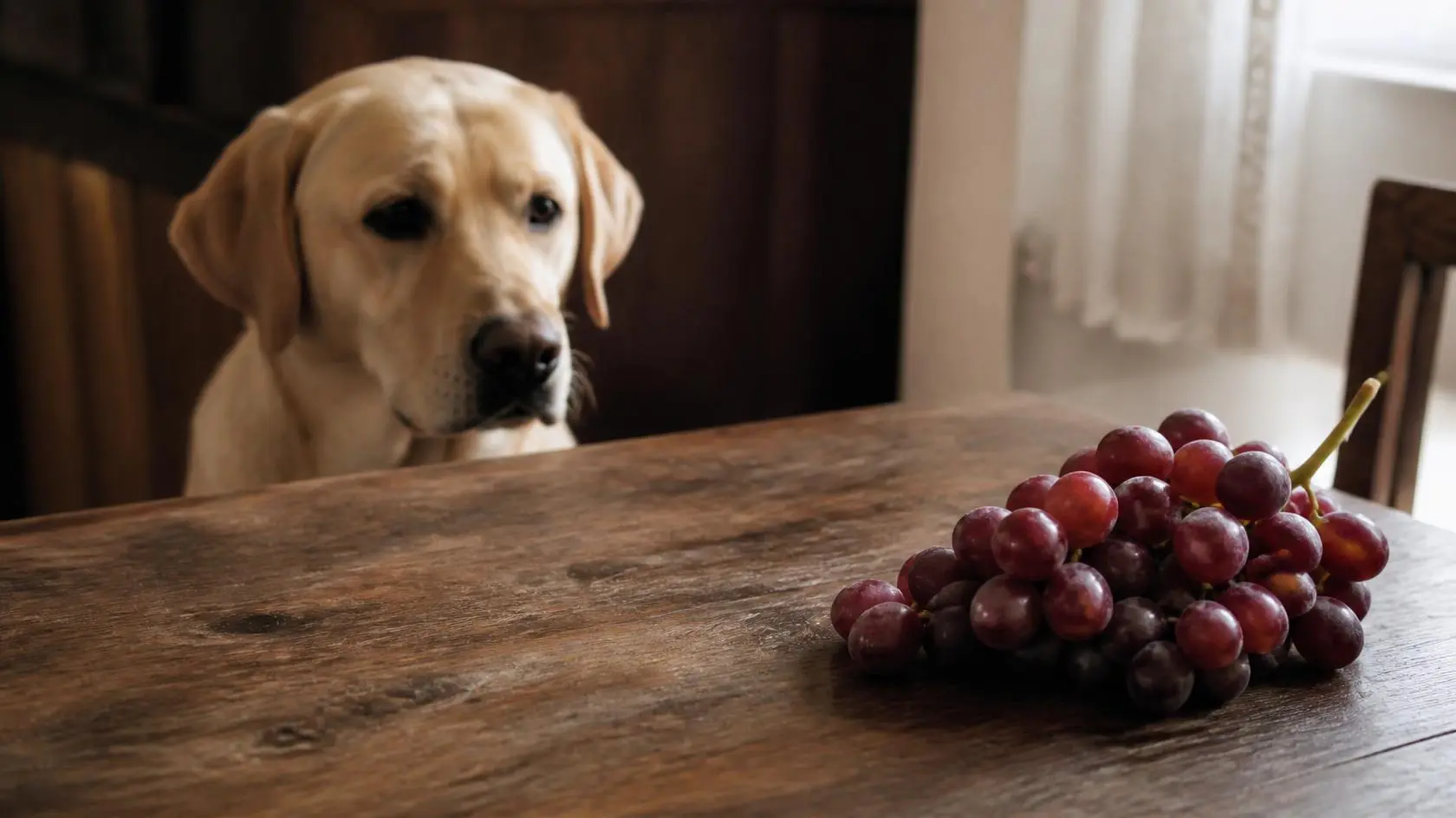 A bunch of grapes next to a dog, illustrating a food safety warning