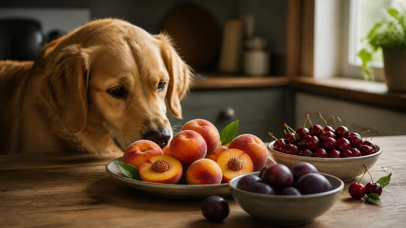 Peaches, cherries, and plums on a table next to a curious dog