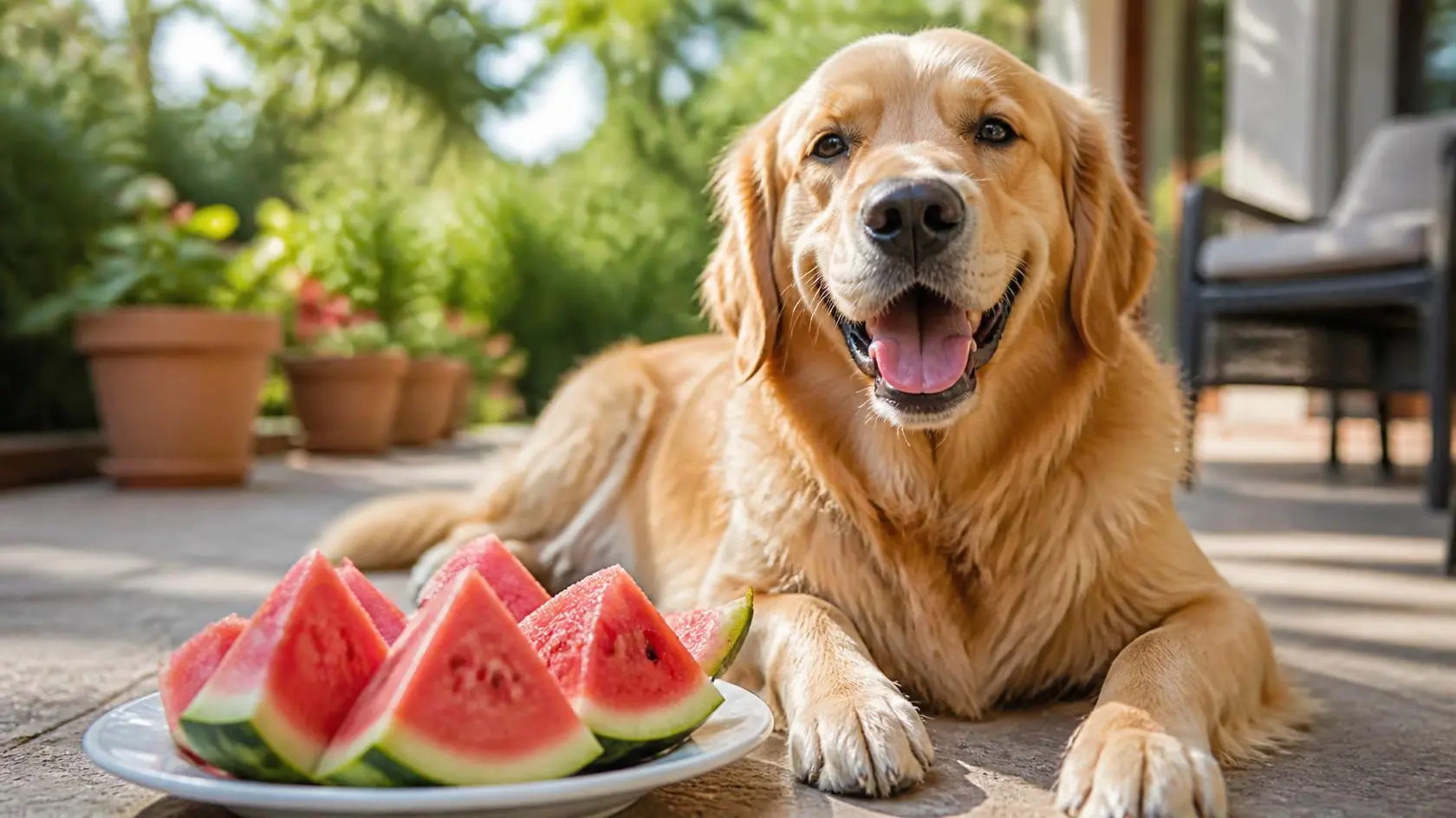 Slices of watermelon next to a happy dog on a summer day