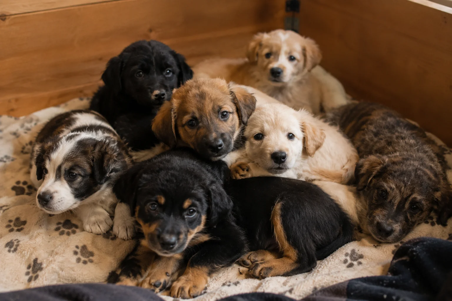 A litter of puppies with visibly different coat colors and sizes