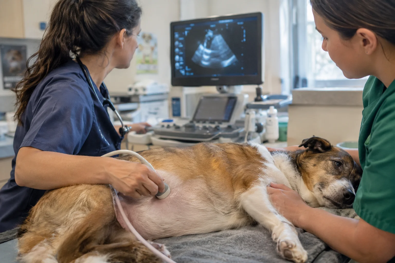 A veterinarian performing an ultrasound on a dog lying on an exam table