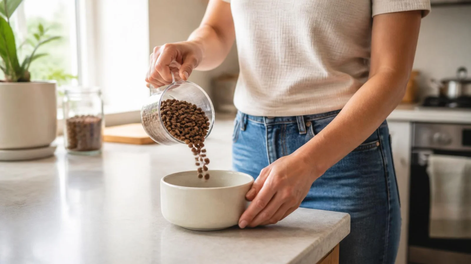 A dog owner measuring dog food into a bowl with a measuring cup