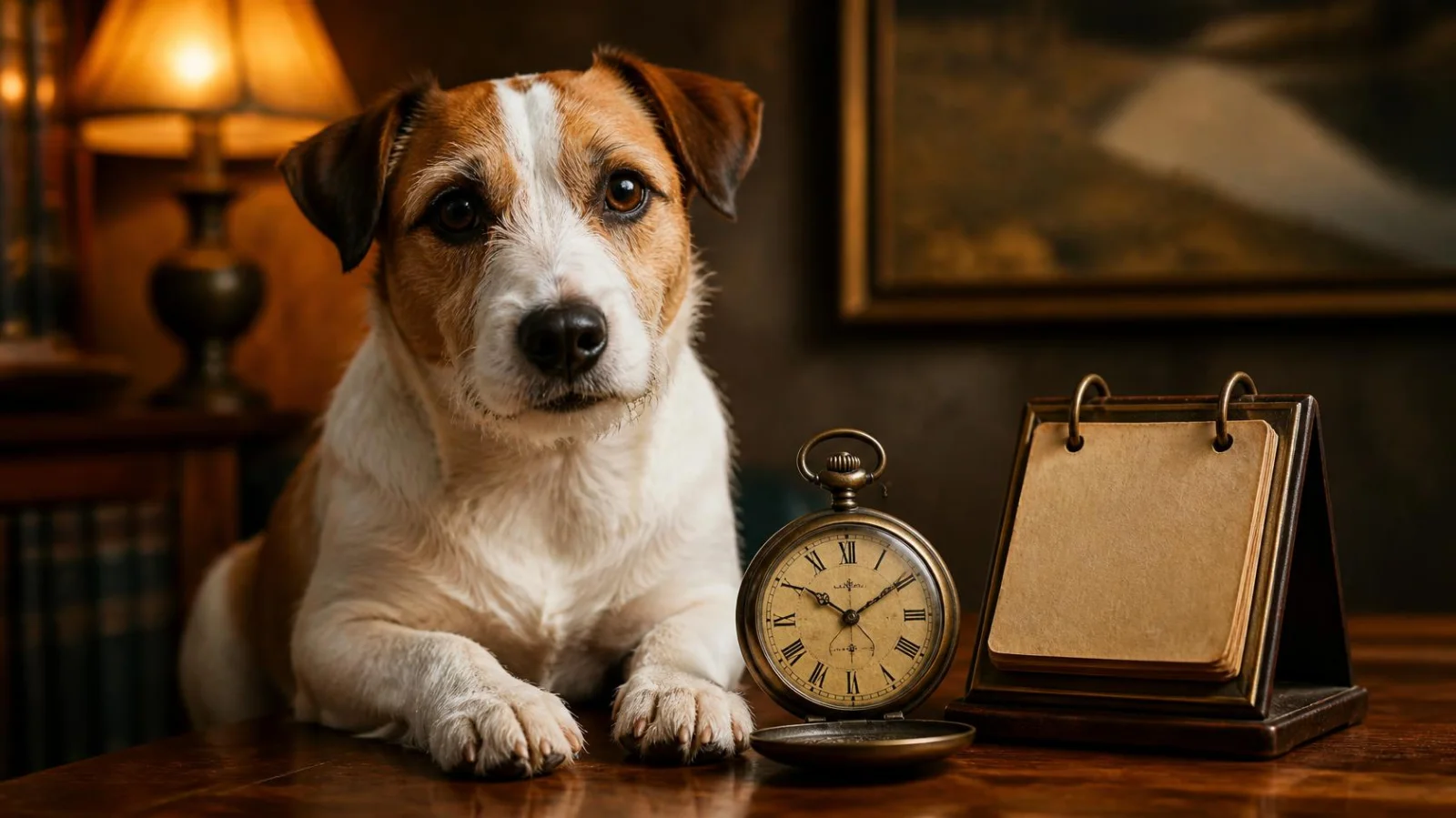 A dog next to a calculator, illustrating a dog age conversion guide