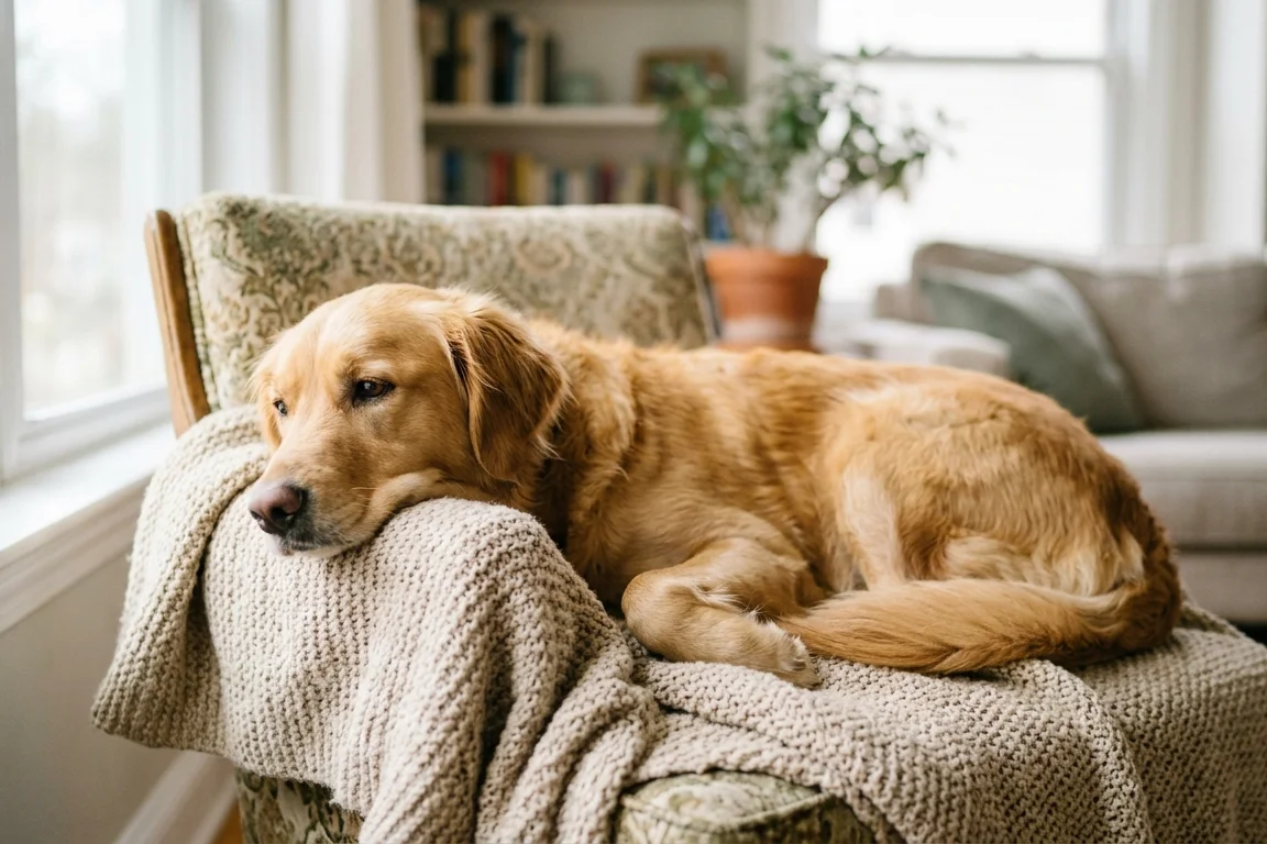 A calm tan and white female dog resting on a blanket at home