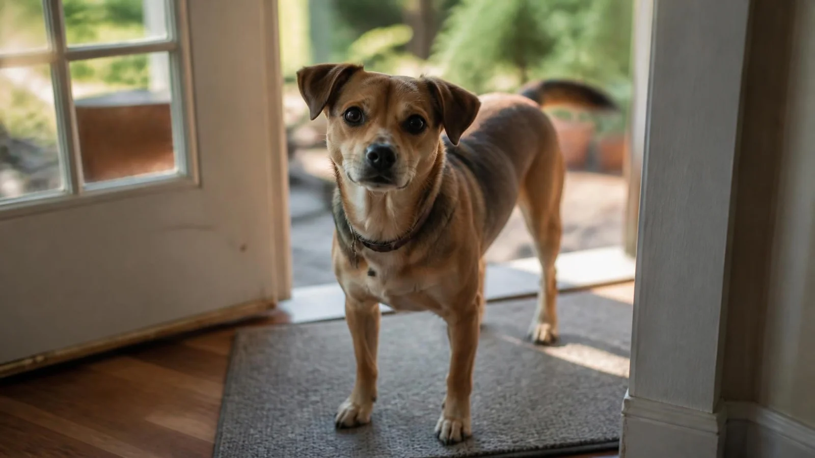A female dog standing near a puddle indicator of frequent urination outdoors