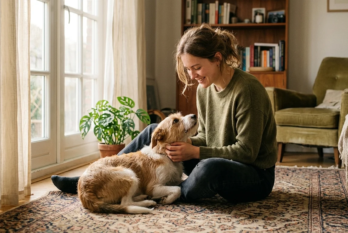 A young female dog being gently comforted by her owner at home