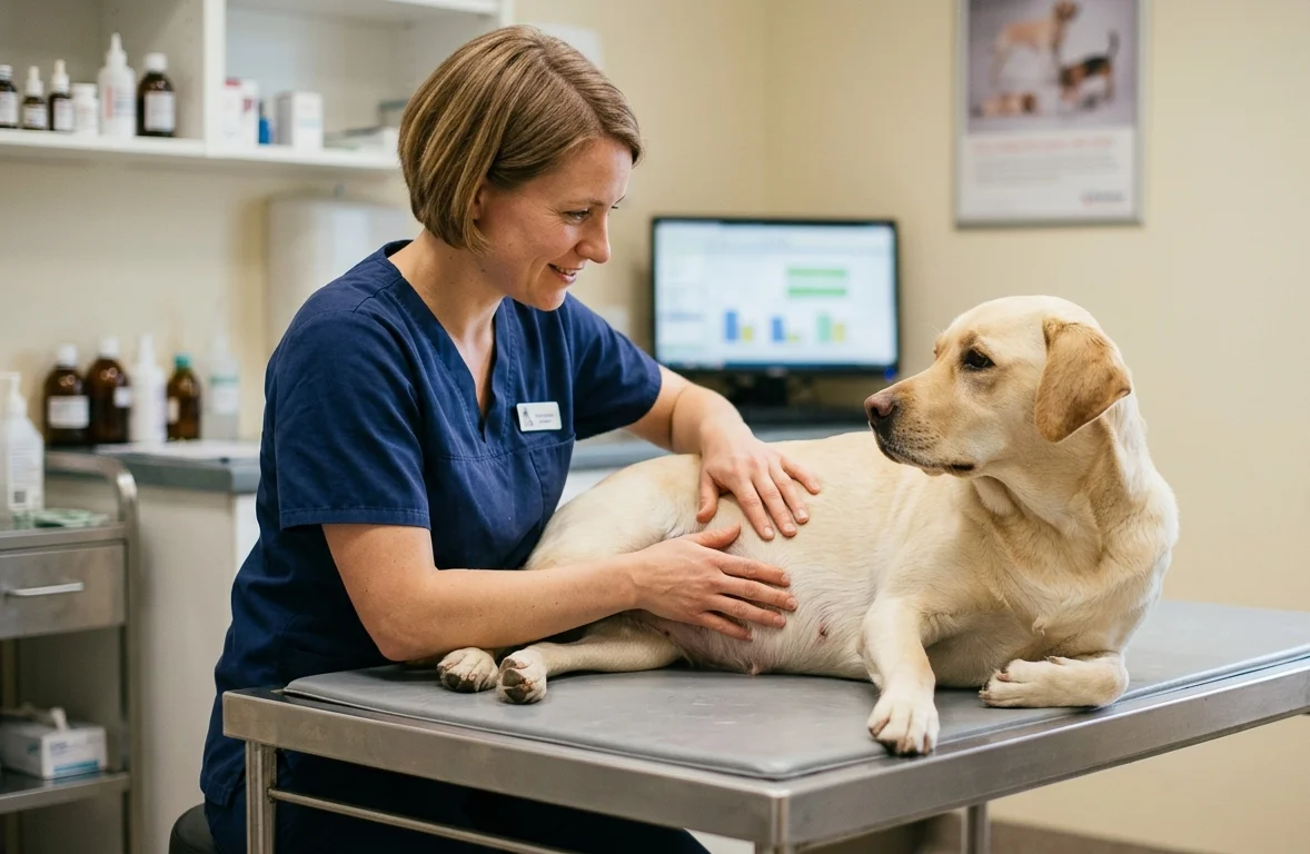 A veterinarian gently checking a pregnant dog's rounded belly