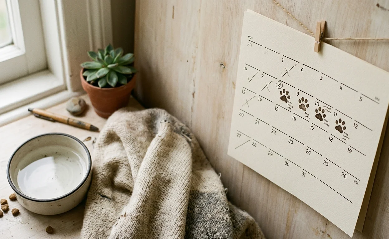A calendar with a dog silhouette illustrating a heat cycle timeline