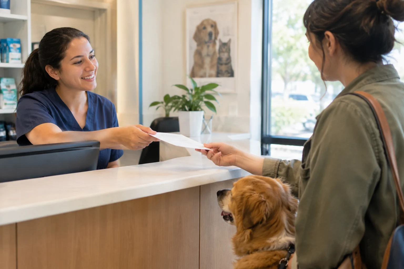A veterinary receptionist handing an invoice to a dog owner at the front desk