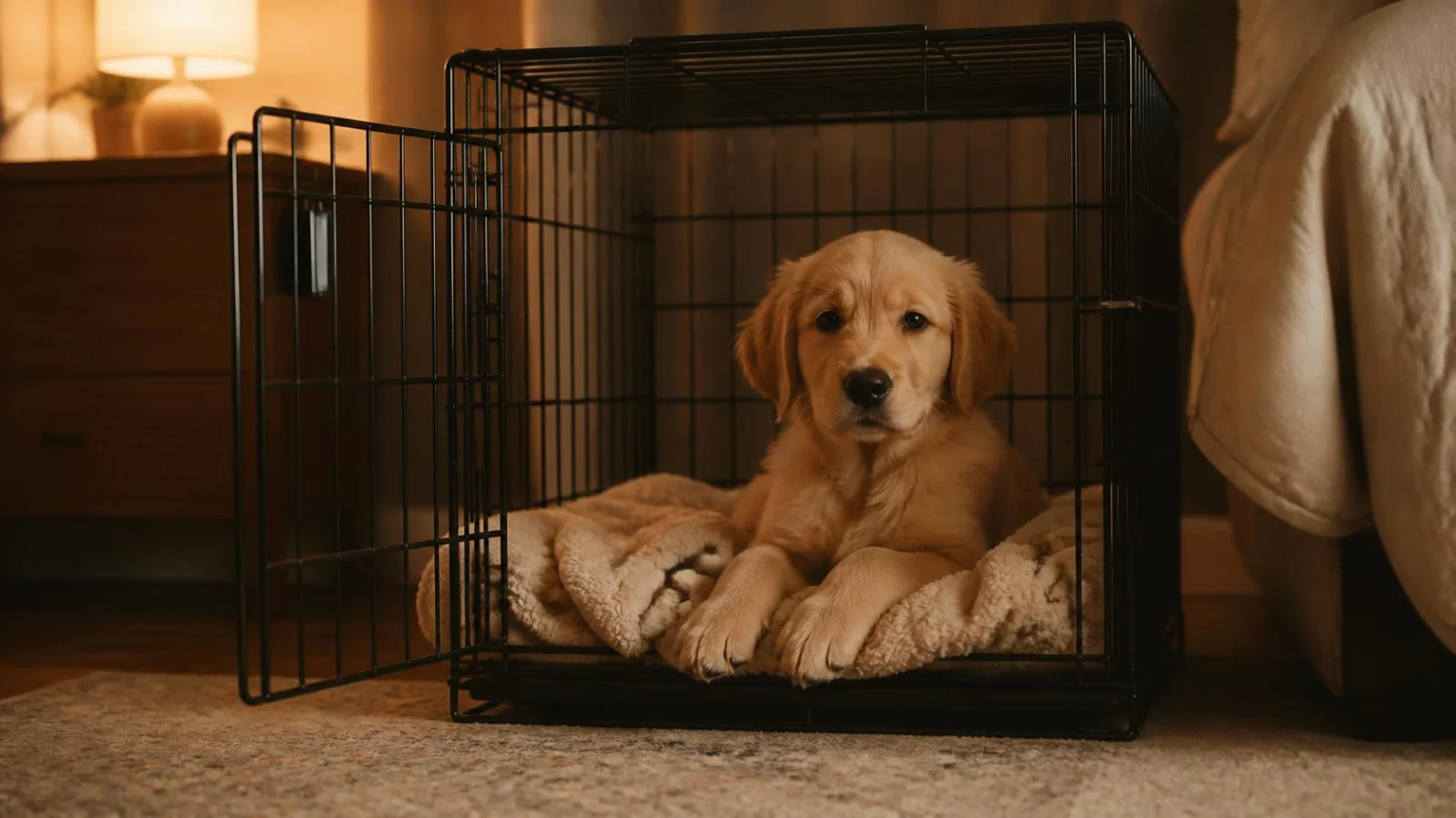 A puppy calmly resting inside an open crate with the door open