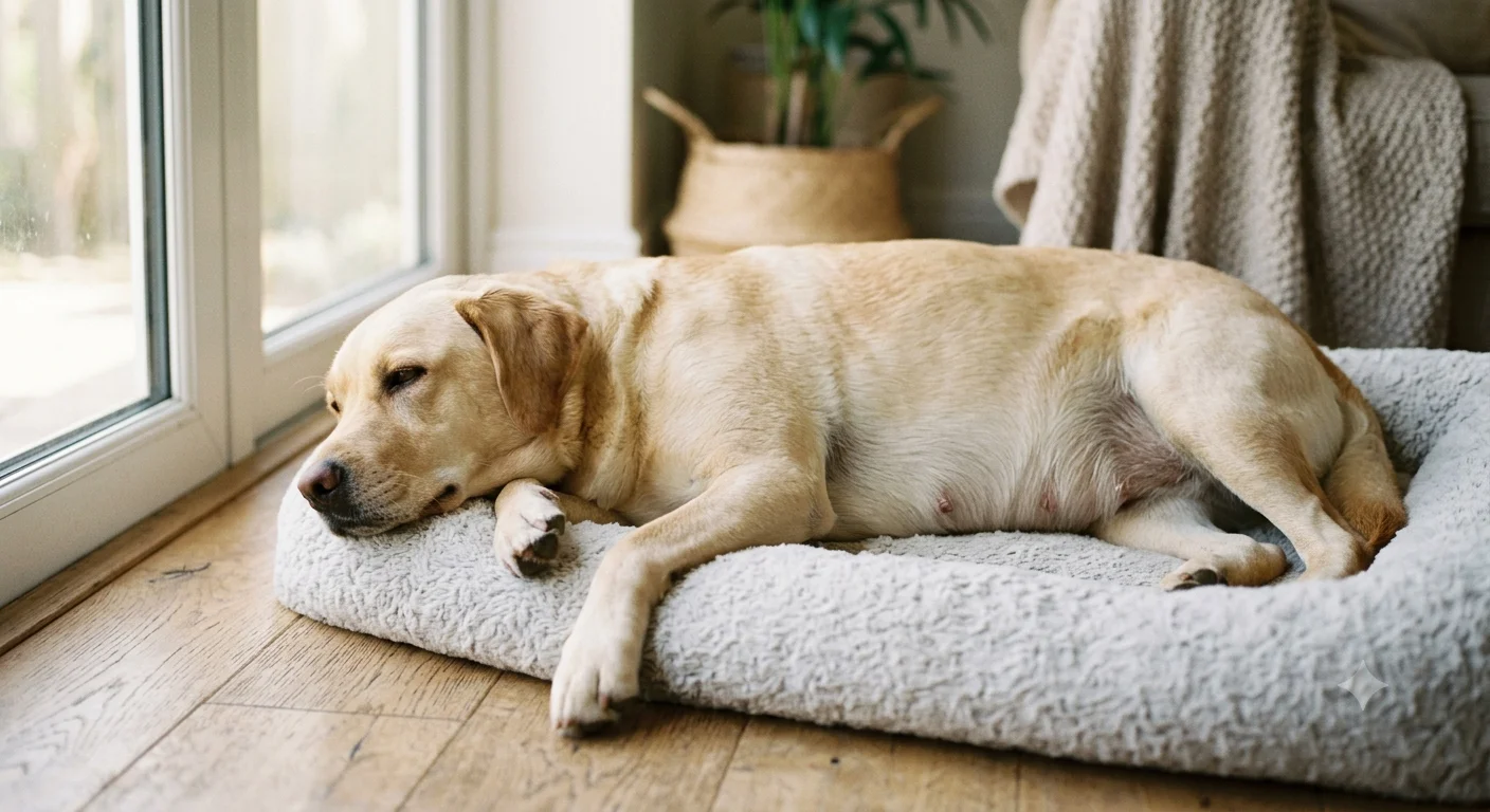 A pregnant dog with a visibly rounded belly lying comfortably on a bed