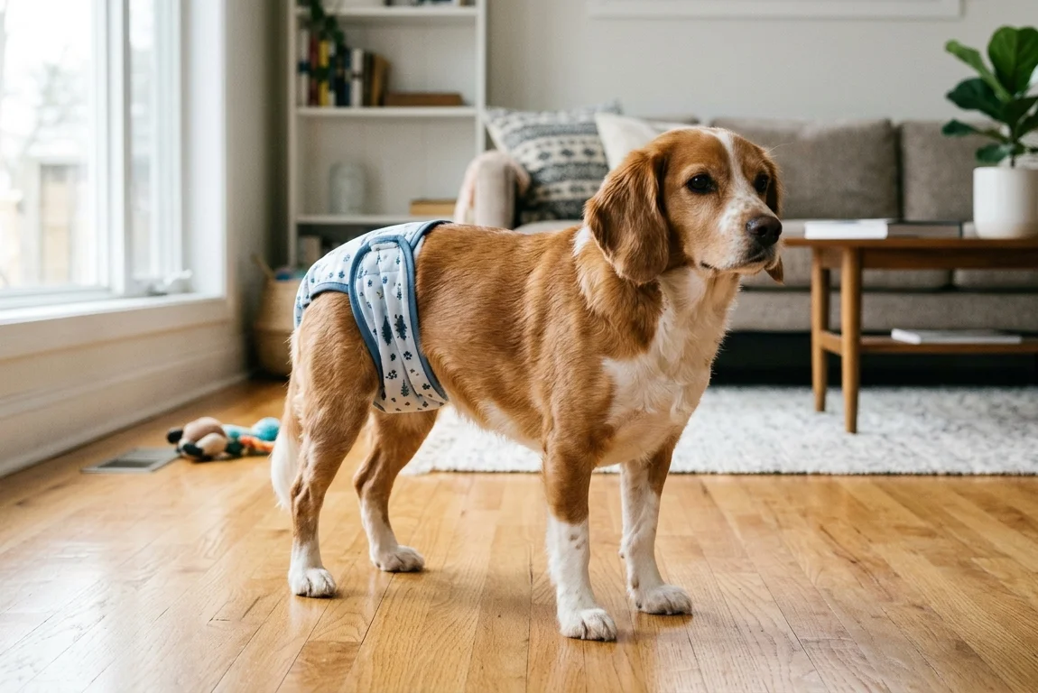 A female dog wearing a washable diaper resting on a living room floor