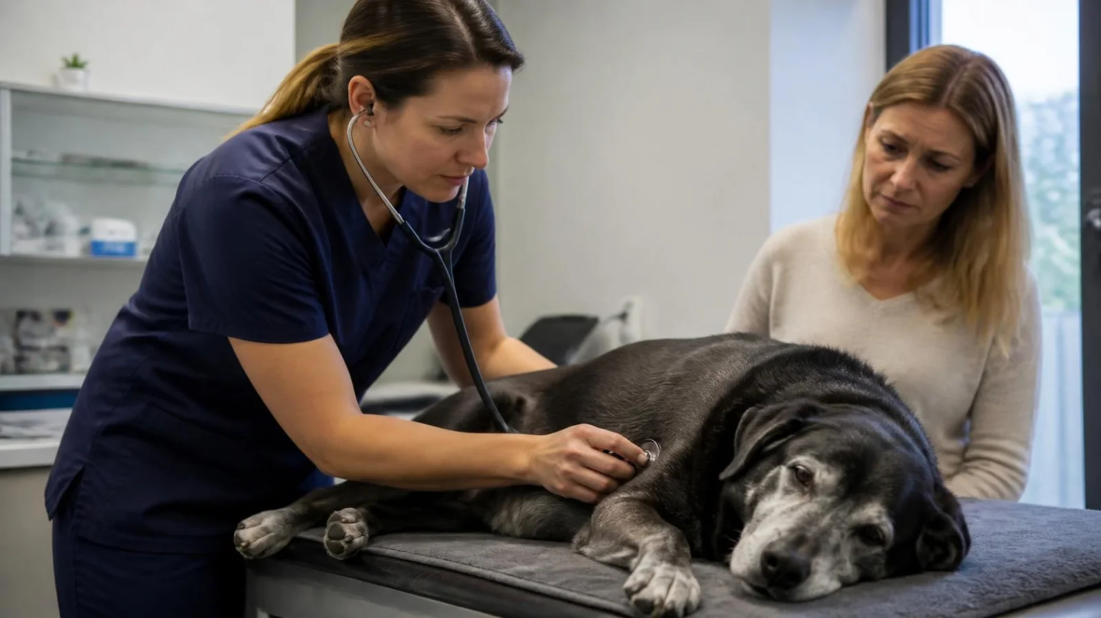 A veterinarian examining a lethargic senior dog in an exam room