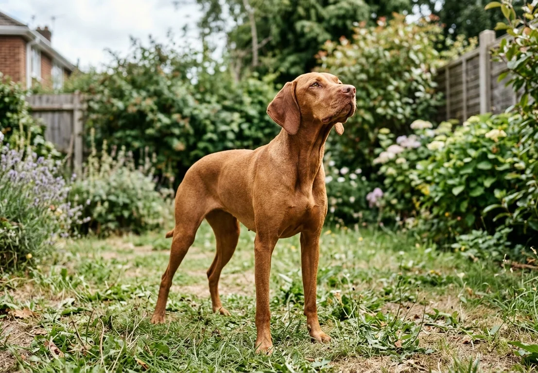 Close-up of a female dog standing in a yard looking alert