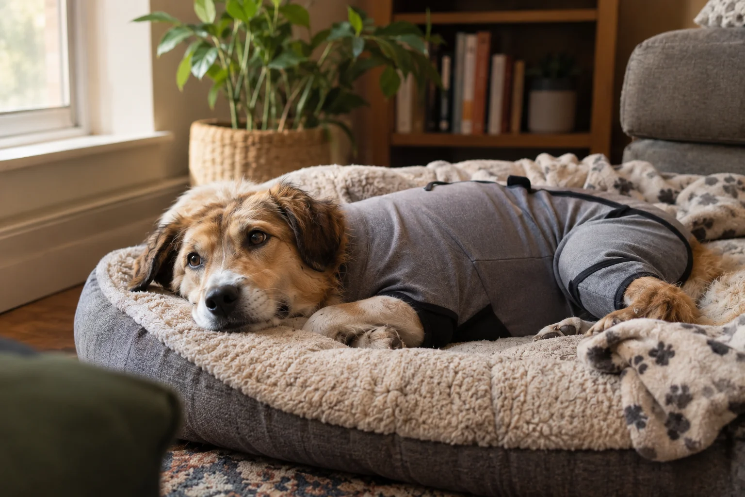 A dog resting calmly in a recovery suit on a dog bed at home