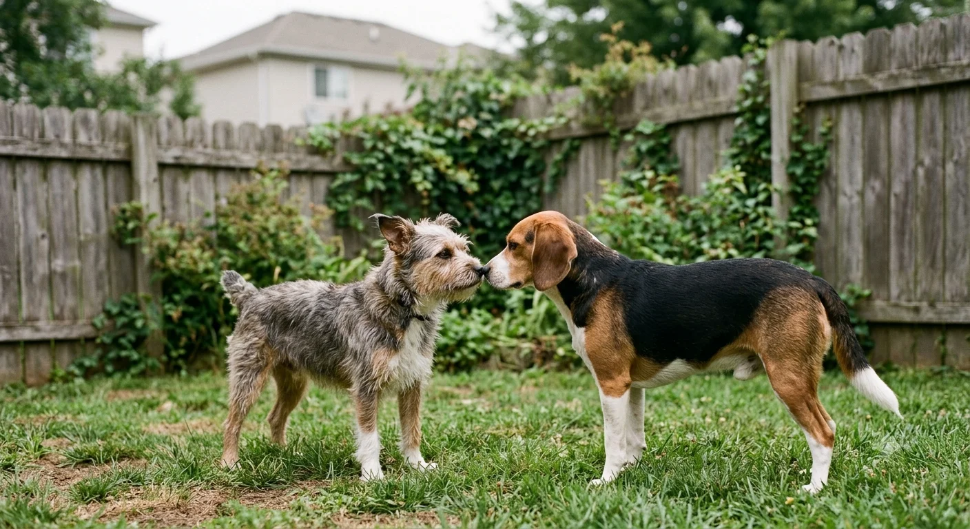 Two dogs interacting closely in a backyard, one visibly alert to the other