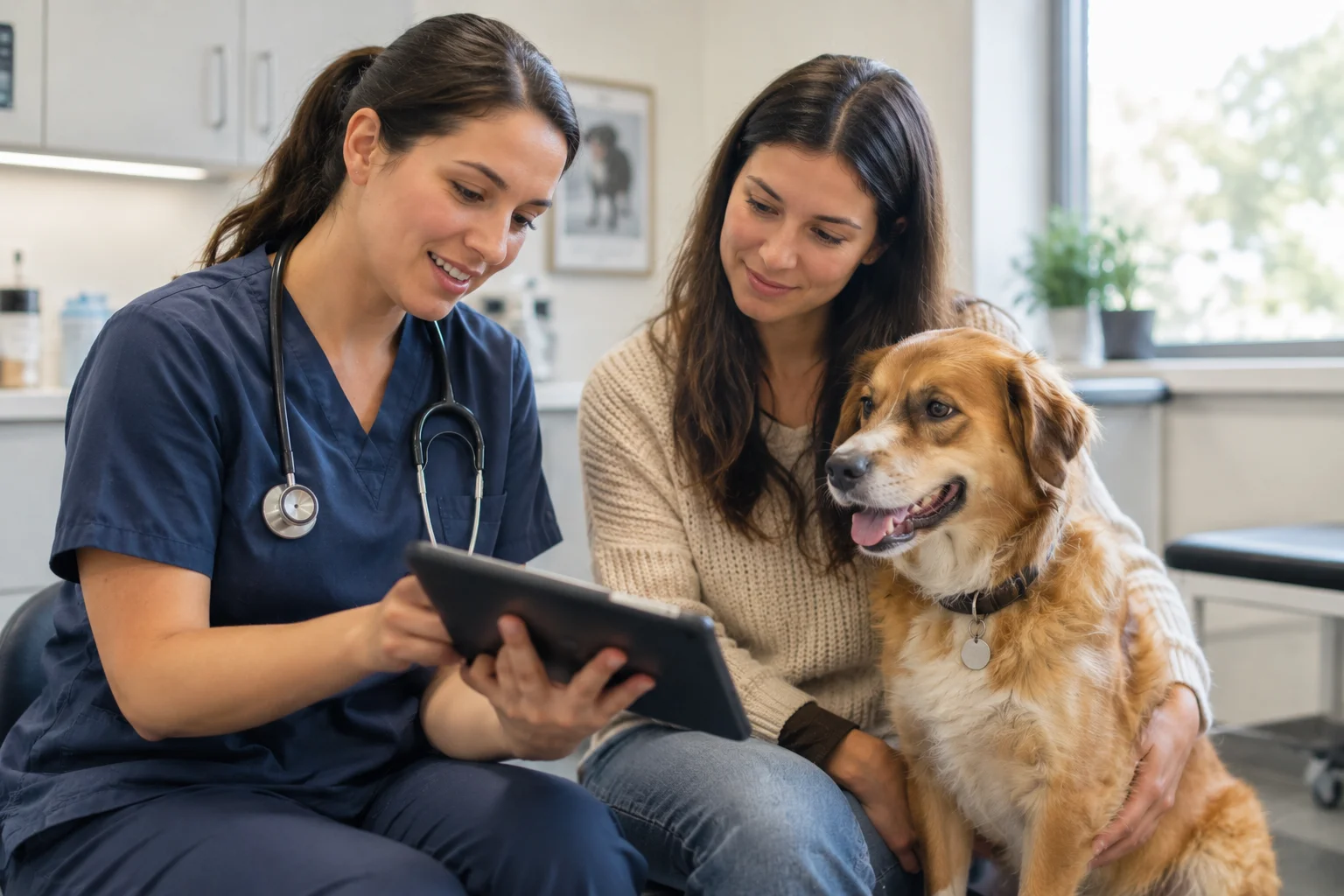 A veterinarian discussing a chart with a dog owner in an exam room