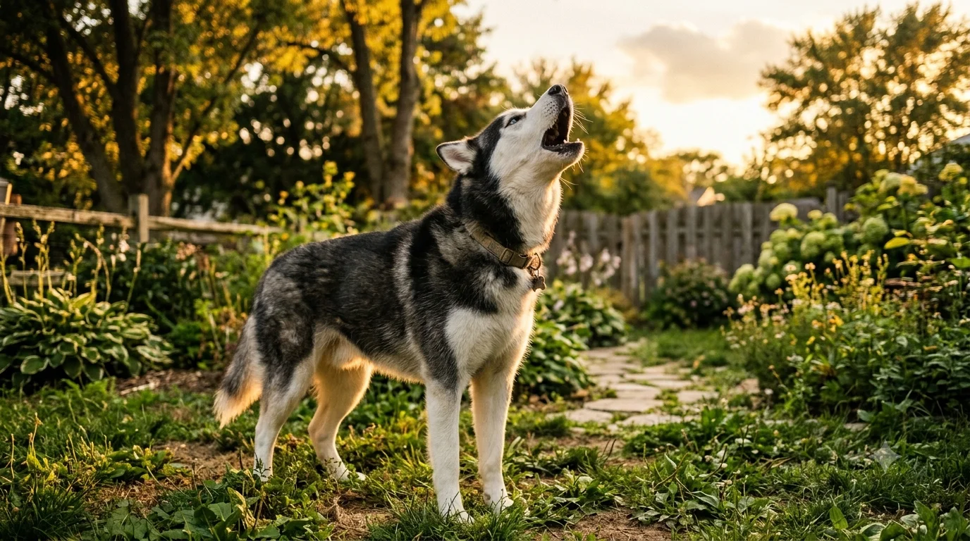 A dog howling outdoors with its head tilted back
