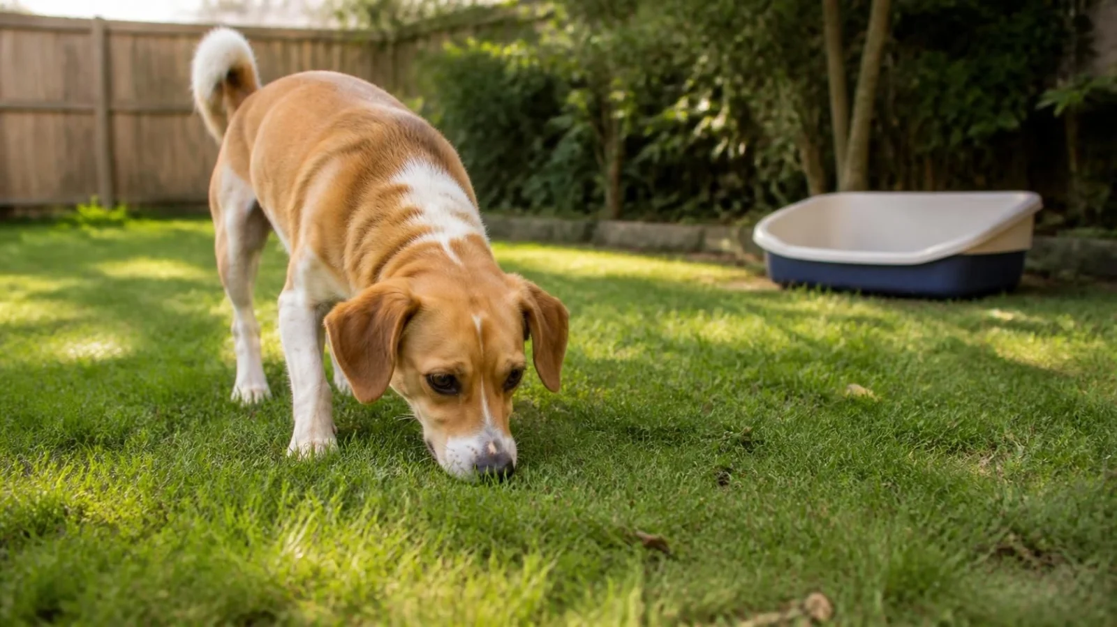 A dog investigating the ground outdoors, illustrating a guide on coprophagia
