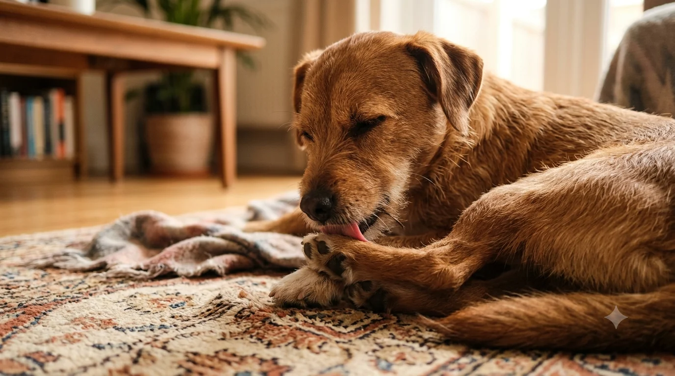 A dog licking its paw while lying on the floor
