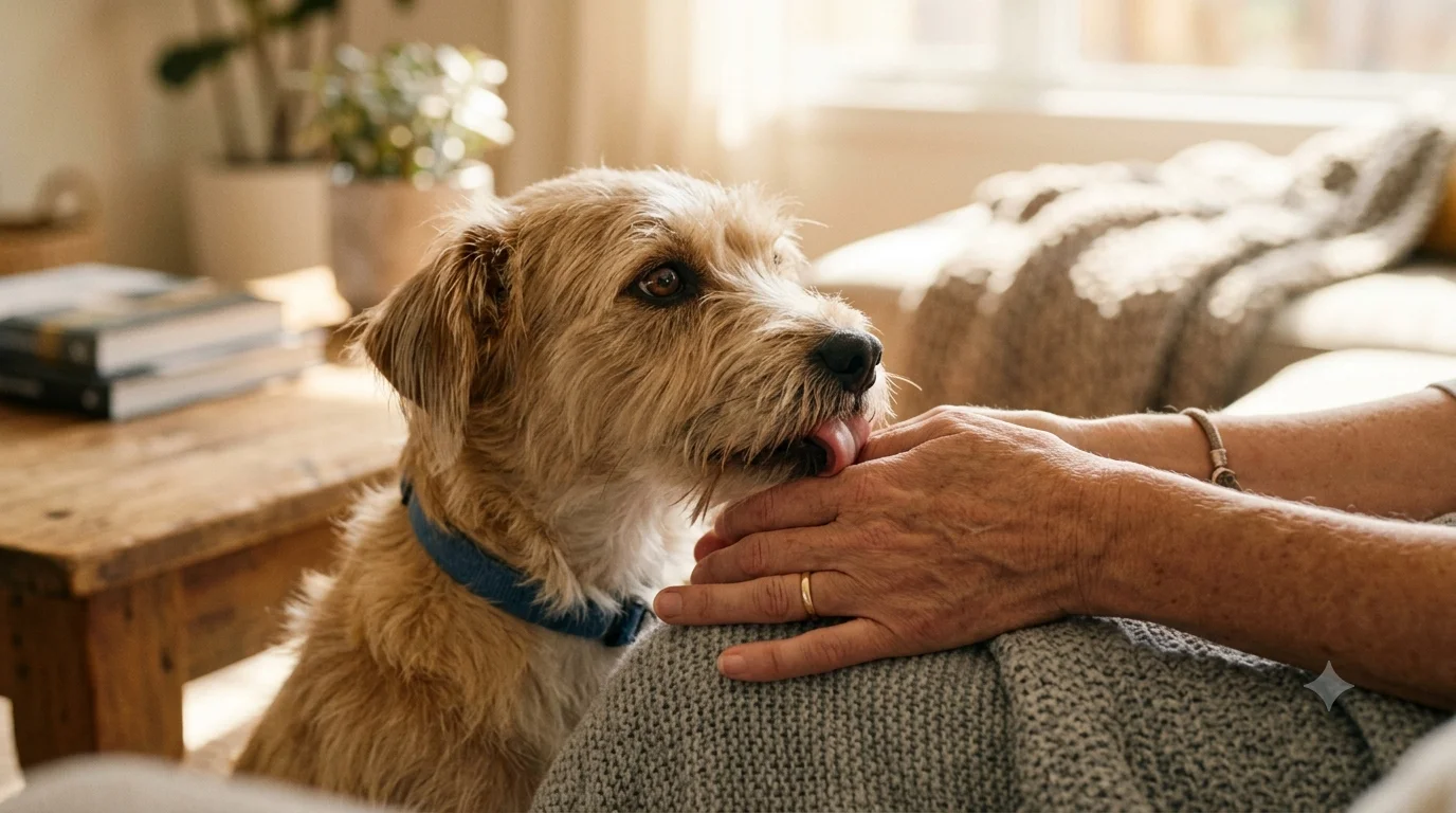 A dog licking its owner's hand affectionately