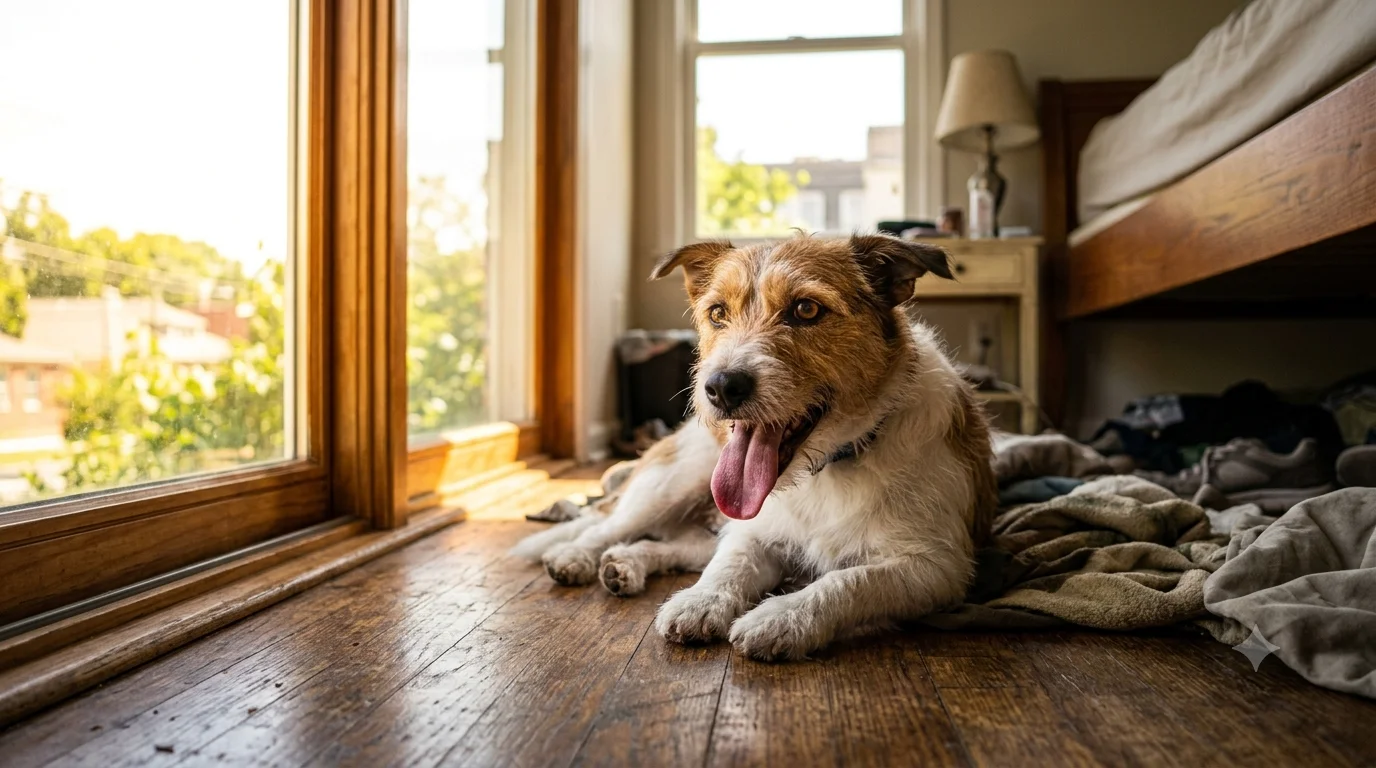 A dog panting with its tongue out on a warm day