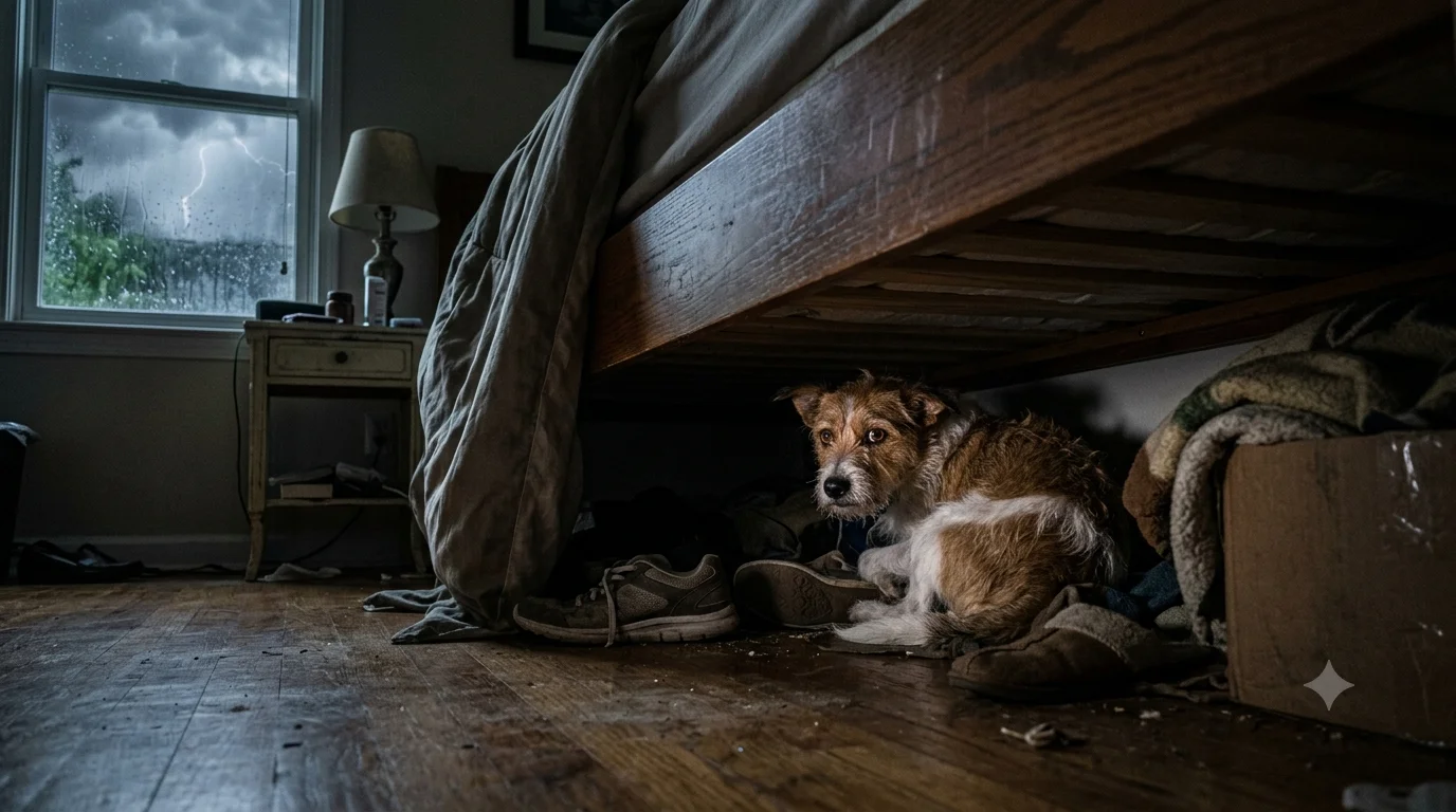 A dog hiding under a bed during a thunderstorm