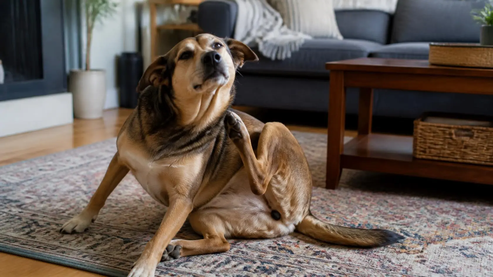 A dog scratching itself on a rug, illustrating a guide on itchy skin without fleas