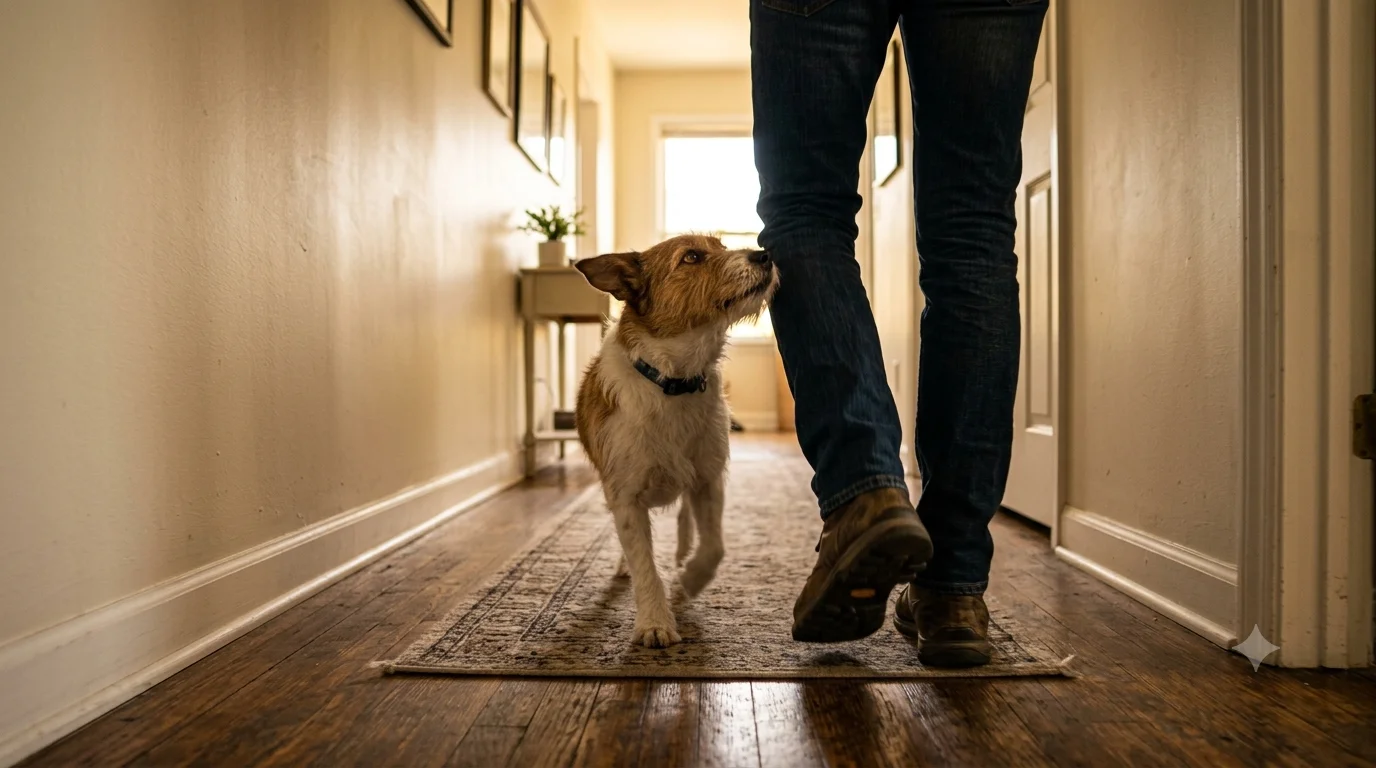 A dog closely following its owner around the house