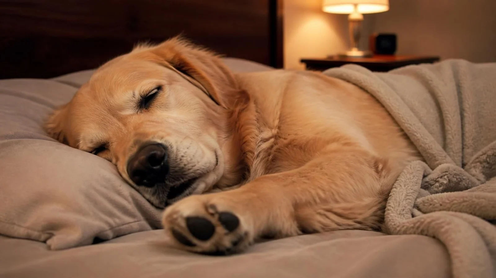 A dog twitching gently while asleep on a soft bed