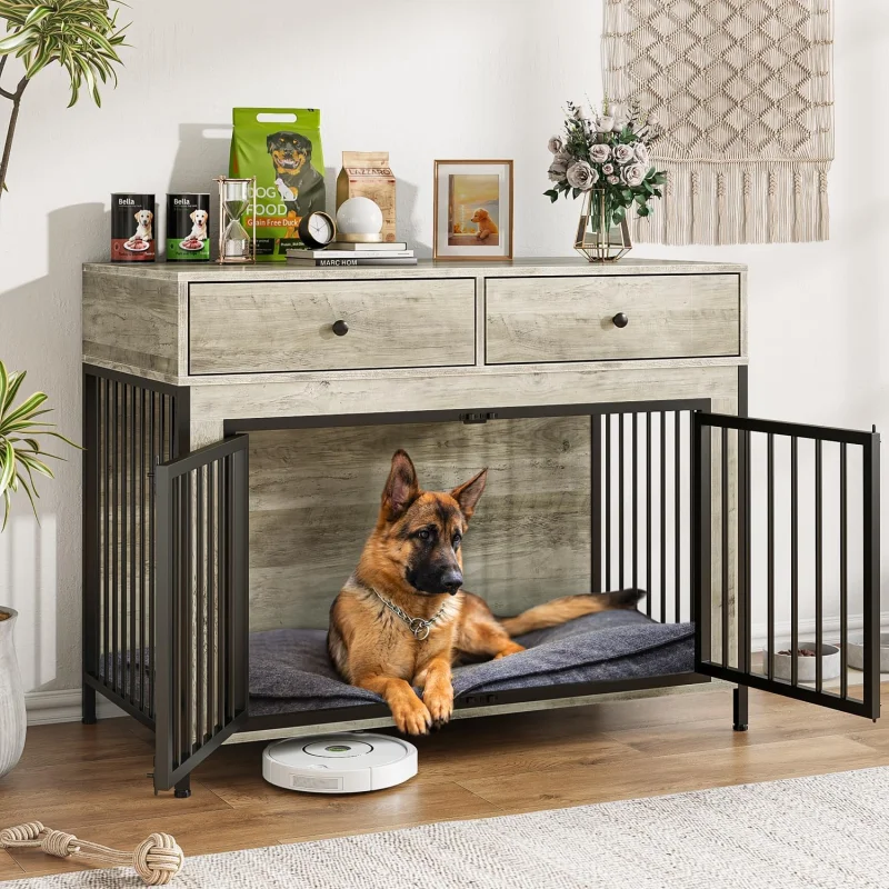 LEMBERI 44 Inch Large Dog Crate Furniture with 2 Storage Drawers | Indoor wooden dog kennel with decorative finish. Use as pet cage, dog house