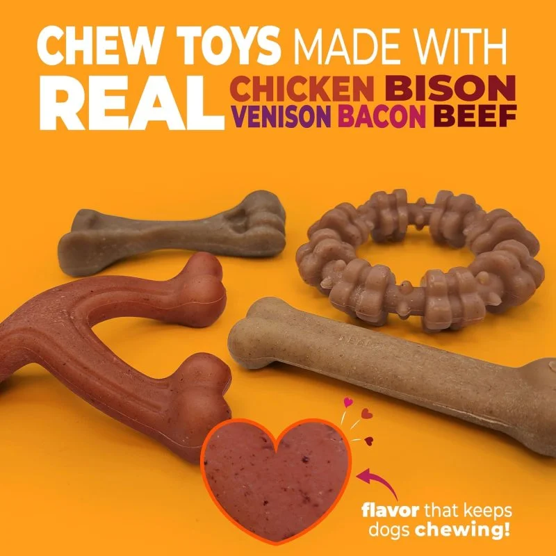 Dog toys for aggressive chewers, made with real bacon, bison, venison, beef and chicken, for small breed dogs up to 25 lbs