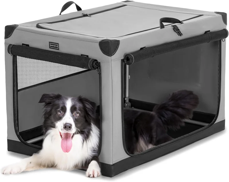 PETSFIT 36" Soft Portable Dog Crate – Patented Spiral Sturdy Frame, Collapsible Travel Kennel for Medium & Large Dogs, 3 Mesh Door, Lockable Zippers